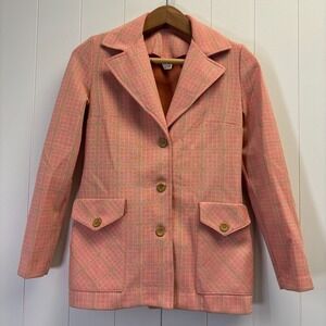 Vintage Cos Cob Womens 60s 70s Retro Plaid Poly Knit Blazer Size 7 Twee Classic